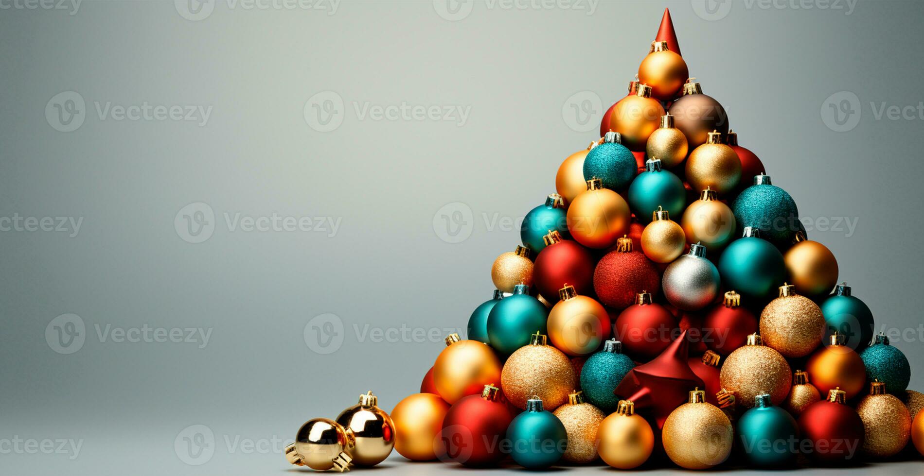 Christmas tree made of Christmas balls, confetti on a light background - AI generated image photo