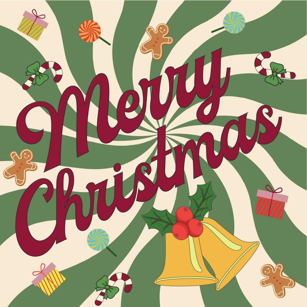Groovy hippie Christmas. Merry Christmas lettering. Happy New year greeting card, poster, template, print, party invitation, background. vector