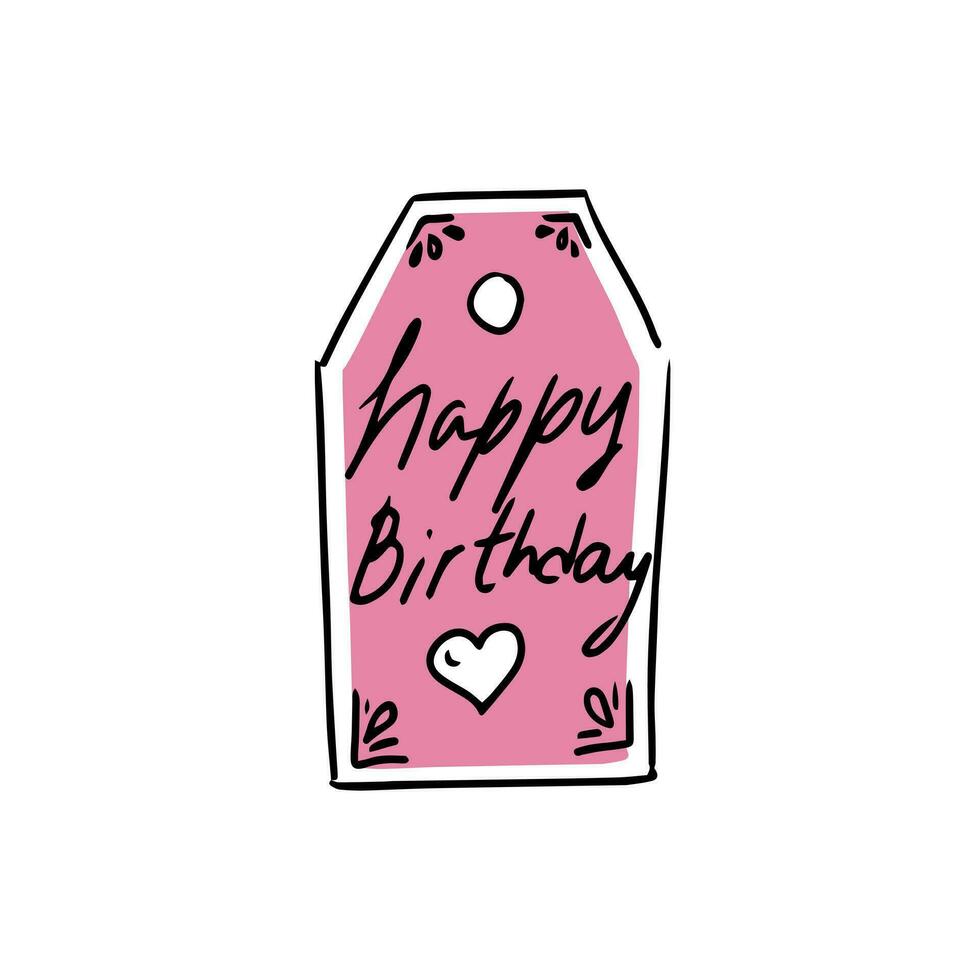 Price tag with  text on a white background. Happy Birthday banner, label, tag, sticker. Hand drawn doodle illustration. Pink color. vector