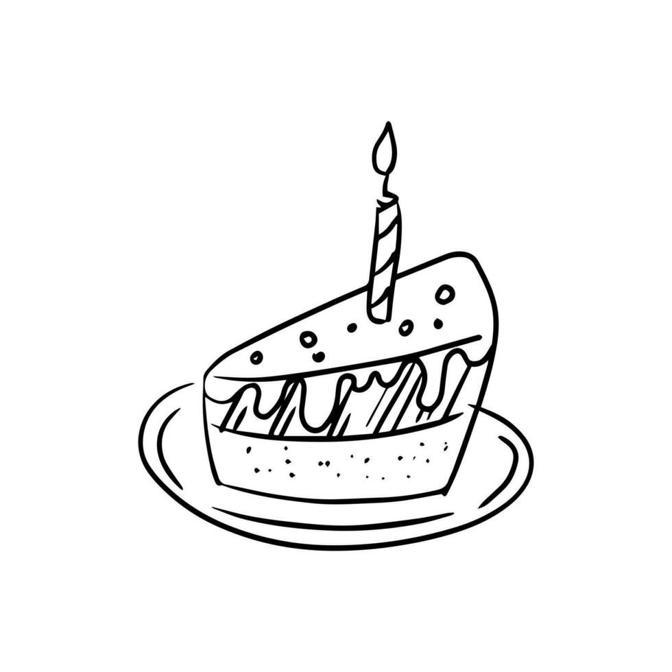 A piece of cake on a plate in doodle style on a white background. Festive concept. Hand drawn vector outline icon.