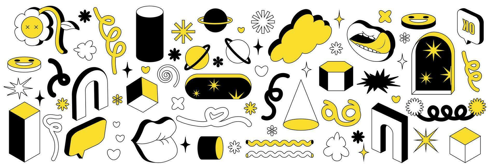 Abstract vector elements and signs in trendy minimal outline style surreal cartoon sticker. Cartoon flowers lips, cloud, geometric 3d shapes, arch, window, modern psychedelic style. Vector illustratio