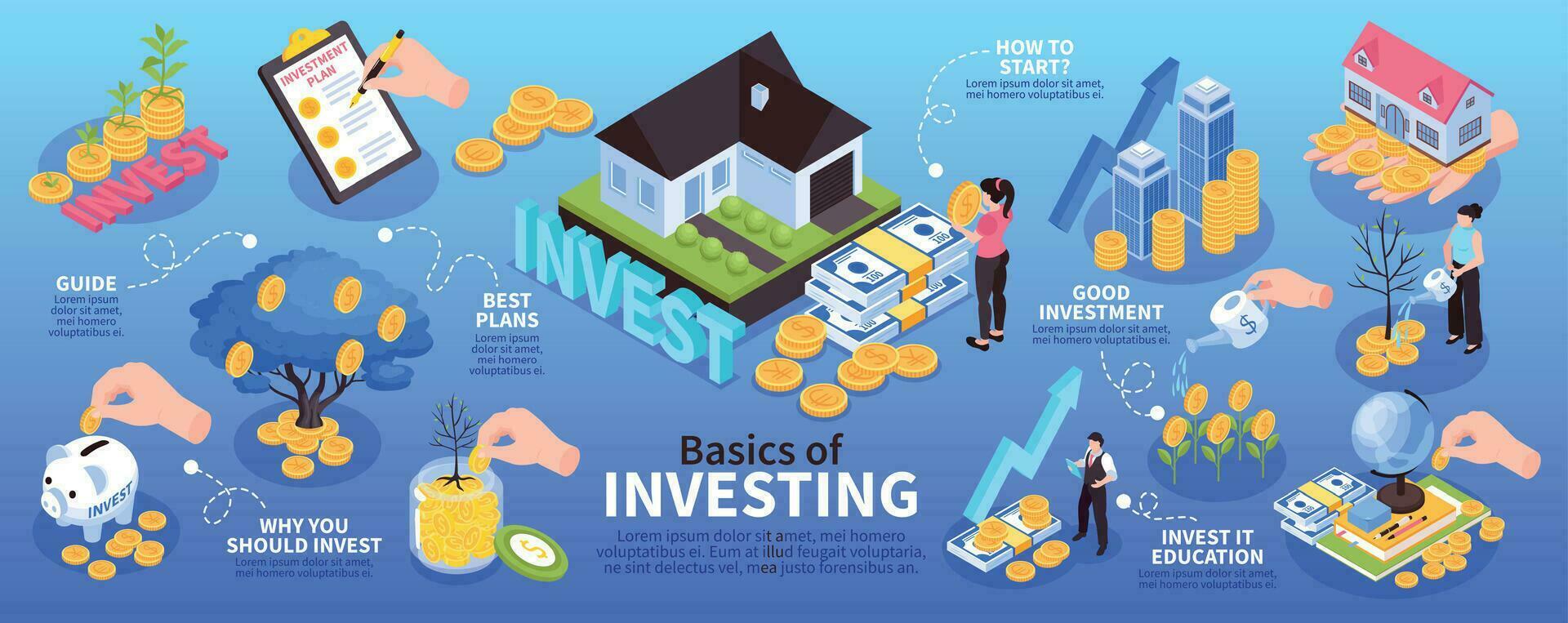 isométrica dinero inversión infografia vector