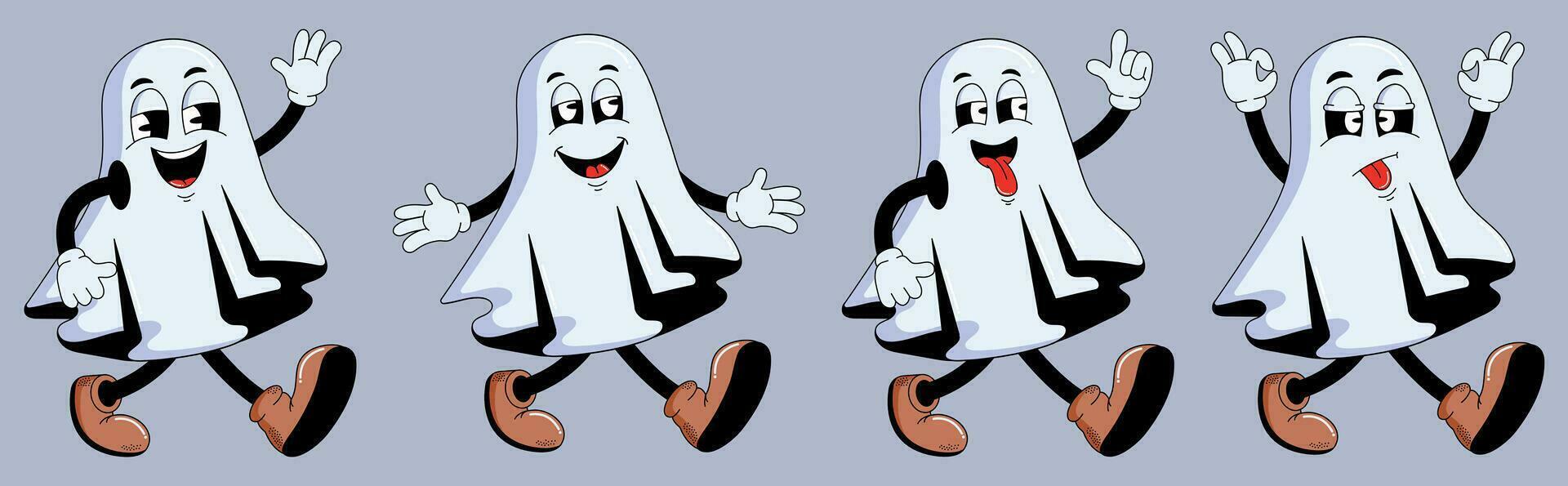 Groovy cartoon characters Halloween ghosts. Happy Halloween. Fashion vector illustration.