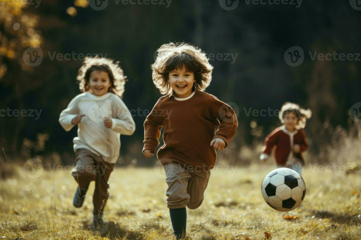 Little children playing football in park. Generate Ai photo