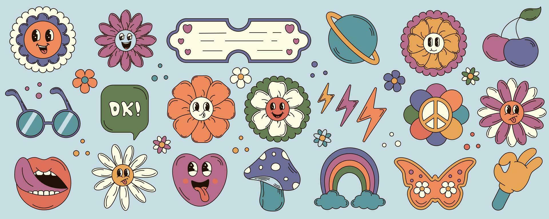 Modern set of groovy cartoon, psychedelic stickers flowers, heart, rainbow, clouds, cherry, emotions, face. Trippy emoticons for social networks, web design. Vector illustration.