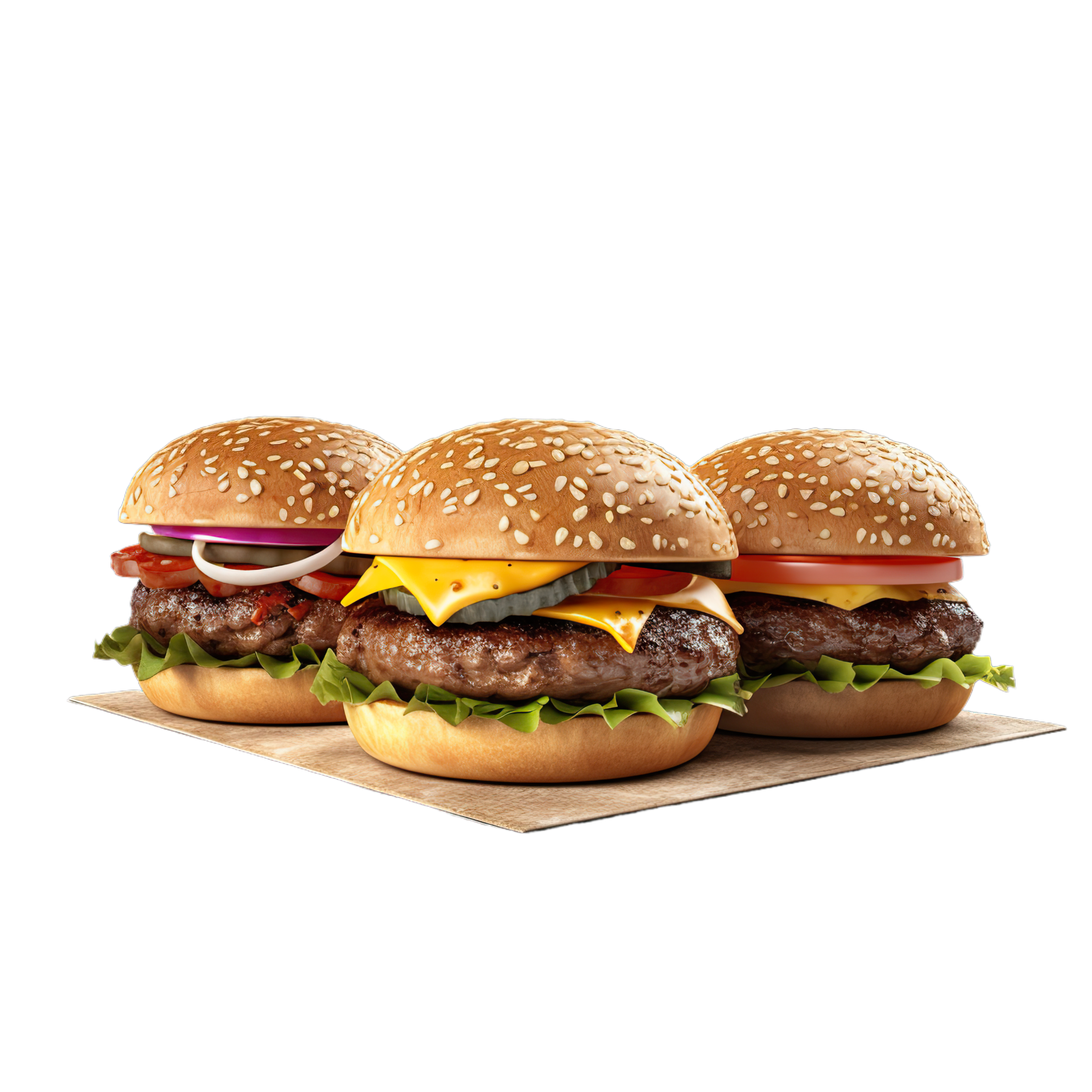AI Generated Grill burger set, realistic 3d burgers falling in the air