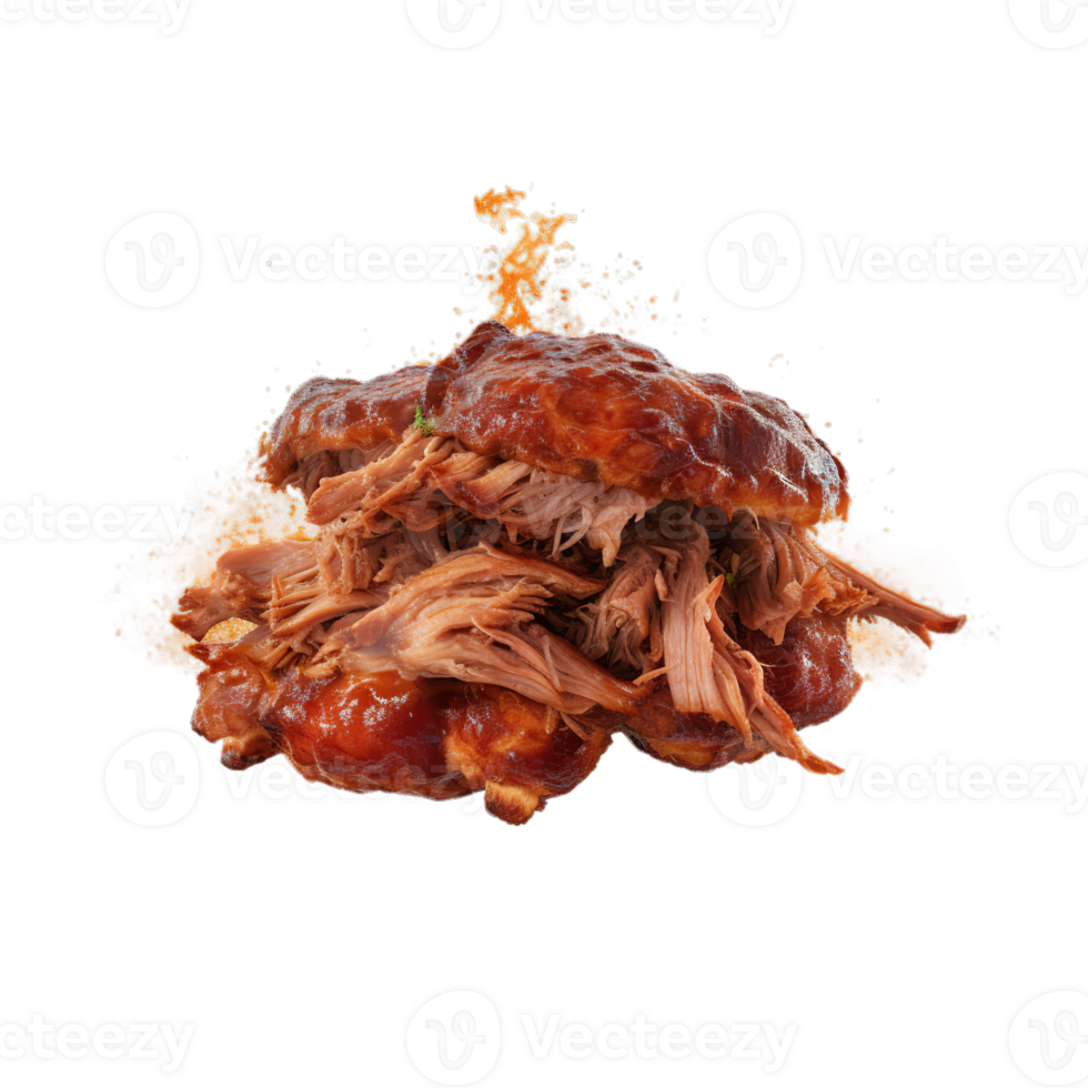 AI Generated Grill Pulled Pork BBQ, realistic 3d brisket flying in the air, grilled meat collection, ultra realistic, icon, detailed, angle view food photo, steak composition png