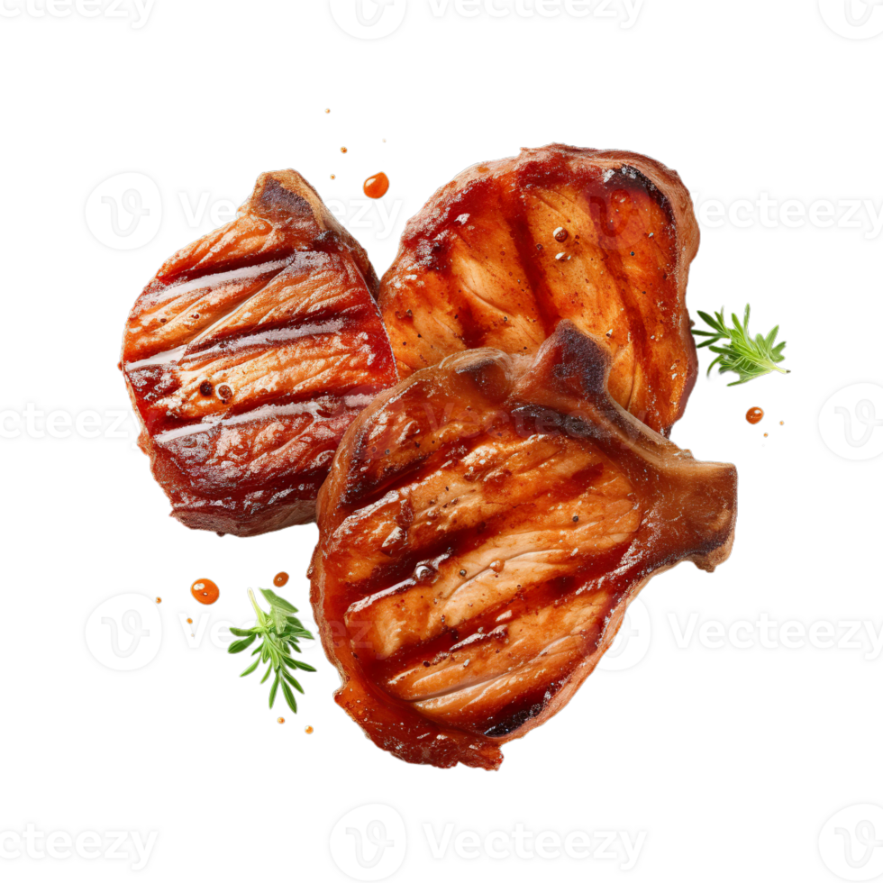 AI Generated Grill Pork Chops steaks, Beef steak realistic 3d brisket flying in the air, grilled meat collection, ultra realistic, icon, detailed, angle view food photo, steak composition png