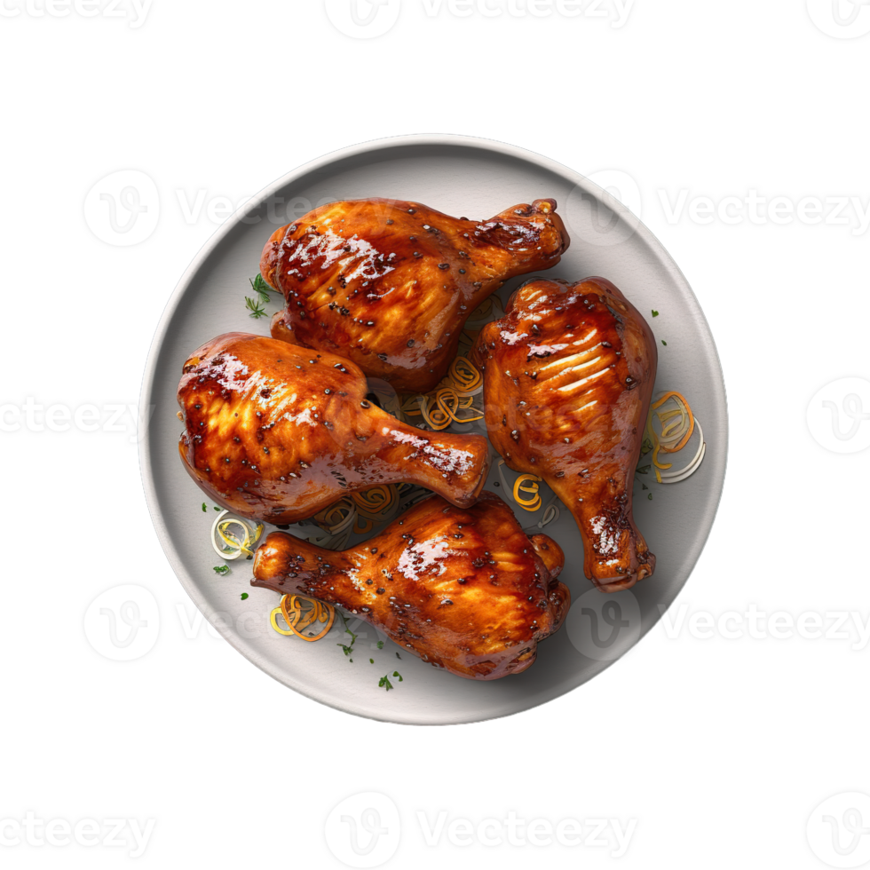 AI Generated Grill Chicken on plate, realistic 3d chicken flying in the air, grilled meat collection, ultra realistic, icon, detailed, angle view food photo, chicken leg composition png