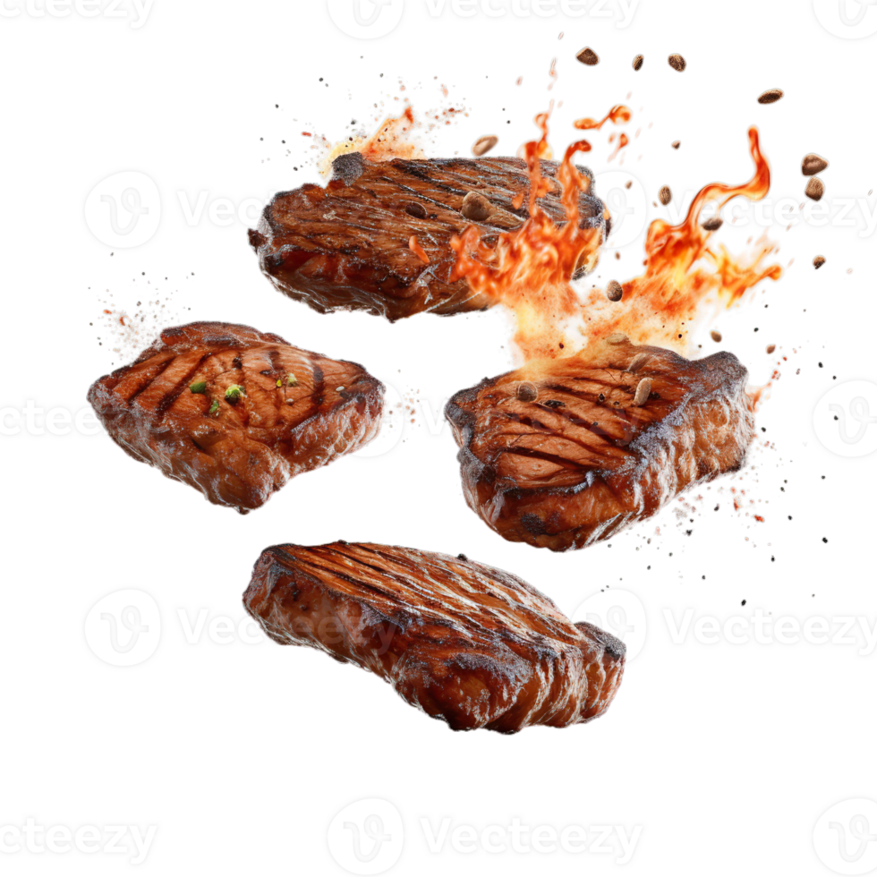 AI Generated Grill Beef, Pork Chops steaks, realistic 3d brisket flying in the air, grilled meat collection, ultra realistic, icon, detailed, angle view food photo, steak composition, AI Generated png