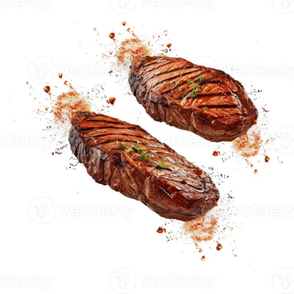 AI Generated Grill Pork Chops steaks, Beef steak realistic 3d brisket flying in the air, grilled meat collection, ultra realistic, icon, detailed, angle view food photo, steak composition png