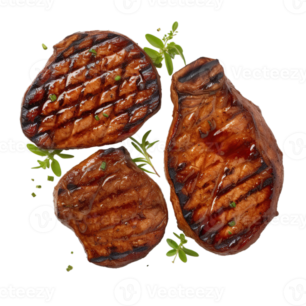 AI Generative Grill Beef Pork Chops steaks, realistic 3d brisket flying in the air, grilled meat collection, ultra realistic, icon, detailed, angle view food photo, steak composition png
