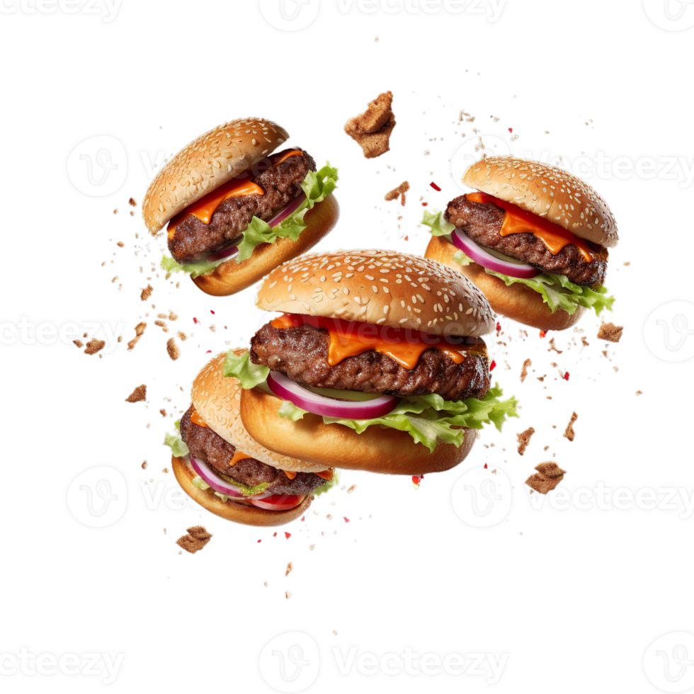 AI Generated Grill burger set, realistic 3d burgers falling in the air, grilled meat collection, ultra realistic, icon, falling, flying, detailed, angle view food photo, burger composition png