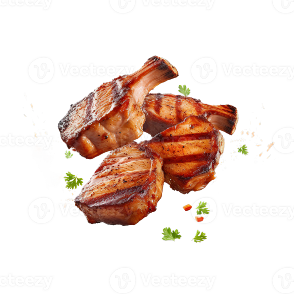 AI Generated Grill Pork Chops steaks, Beef steak realistic 3d brisket flying in the air, grilled meat collection, ultra realistic, icon, detailed, angle view food photo, steak composition png