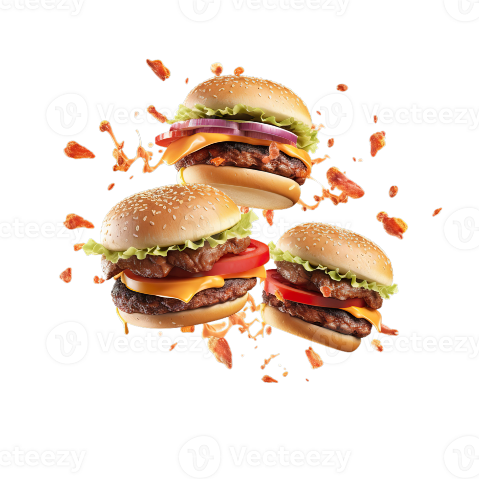 AI Generated Grill burger set, realistic 3d burgers falling in the air, grilled meat collection, ultra realistic, icon, falling, flying, detailed, angle view food photo, burger composition png