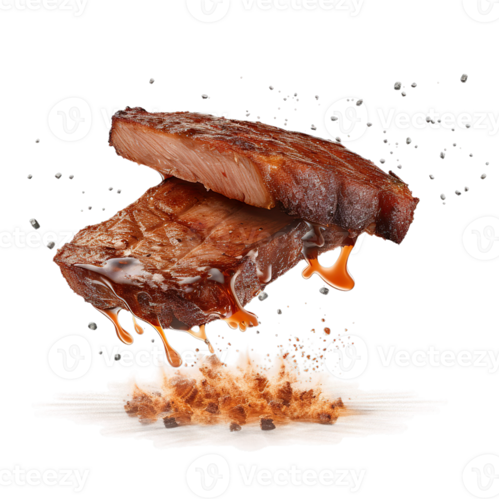 AI Generated Grill Pork Chops steaks, Beef steak realistic 3d brisket flying in the air, grilled meat collection, ultra realistic, icon, detailed, angle view food photo, steak composition png