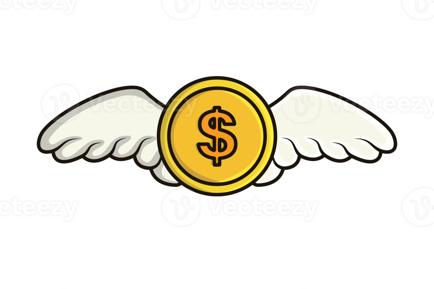 Flying Gold Coin with Wings illustration. Financial and business icon concept. Coin with dollar sign. Money symbol. American currency design. Currency growing up icon concept. png