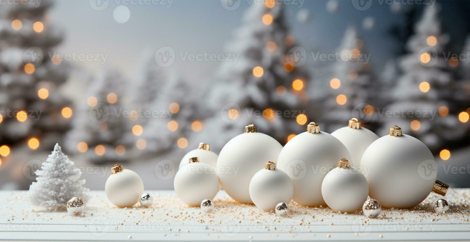 Panoramic Christmas background, light New Year balls on a blurred background - AI generated image photo