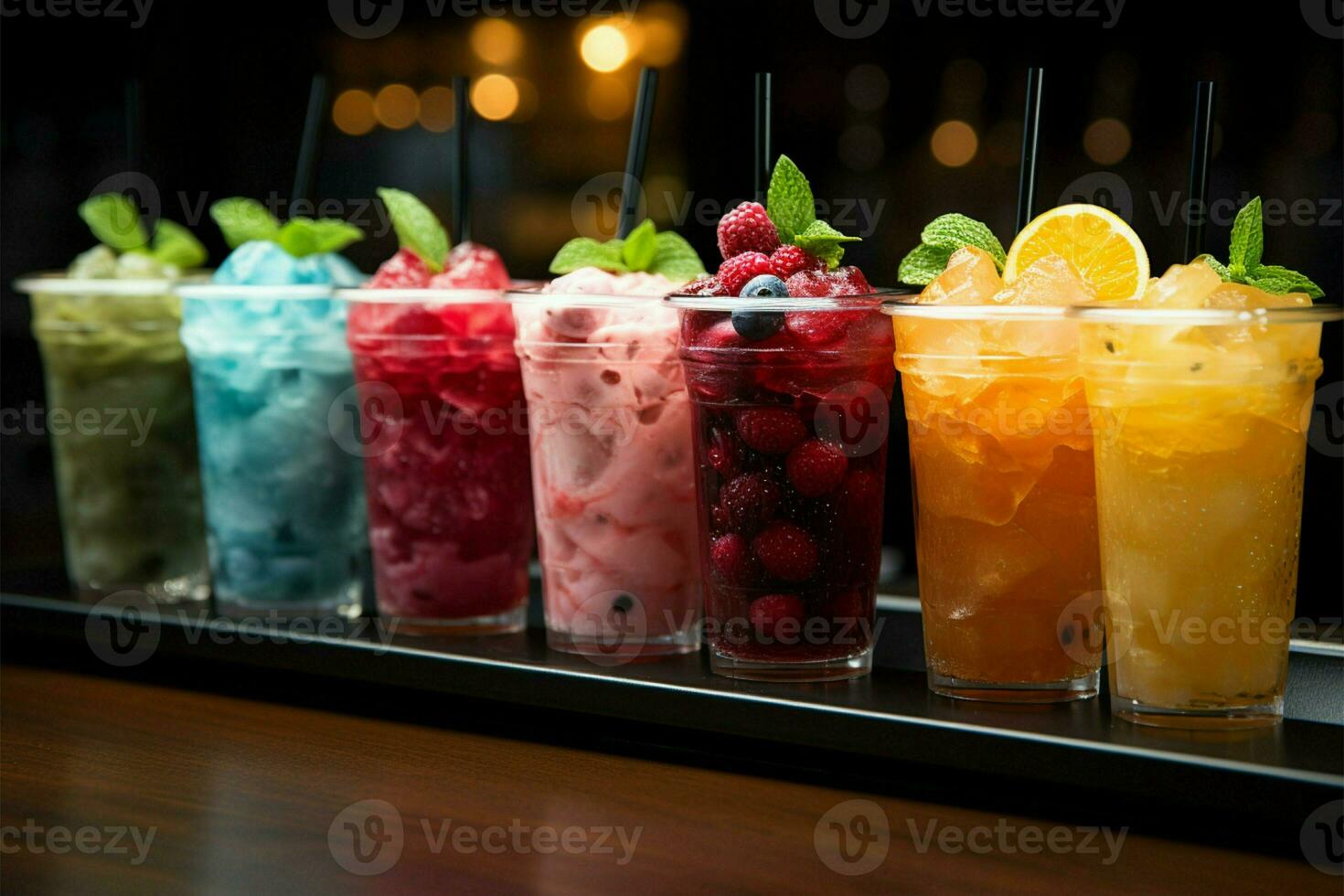 Chilled delight, row of icy fruit slushies, each in a plastic cup AI Generated photo