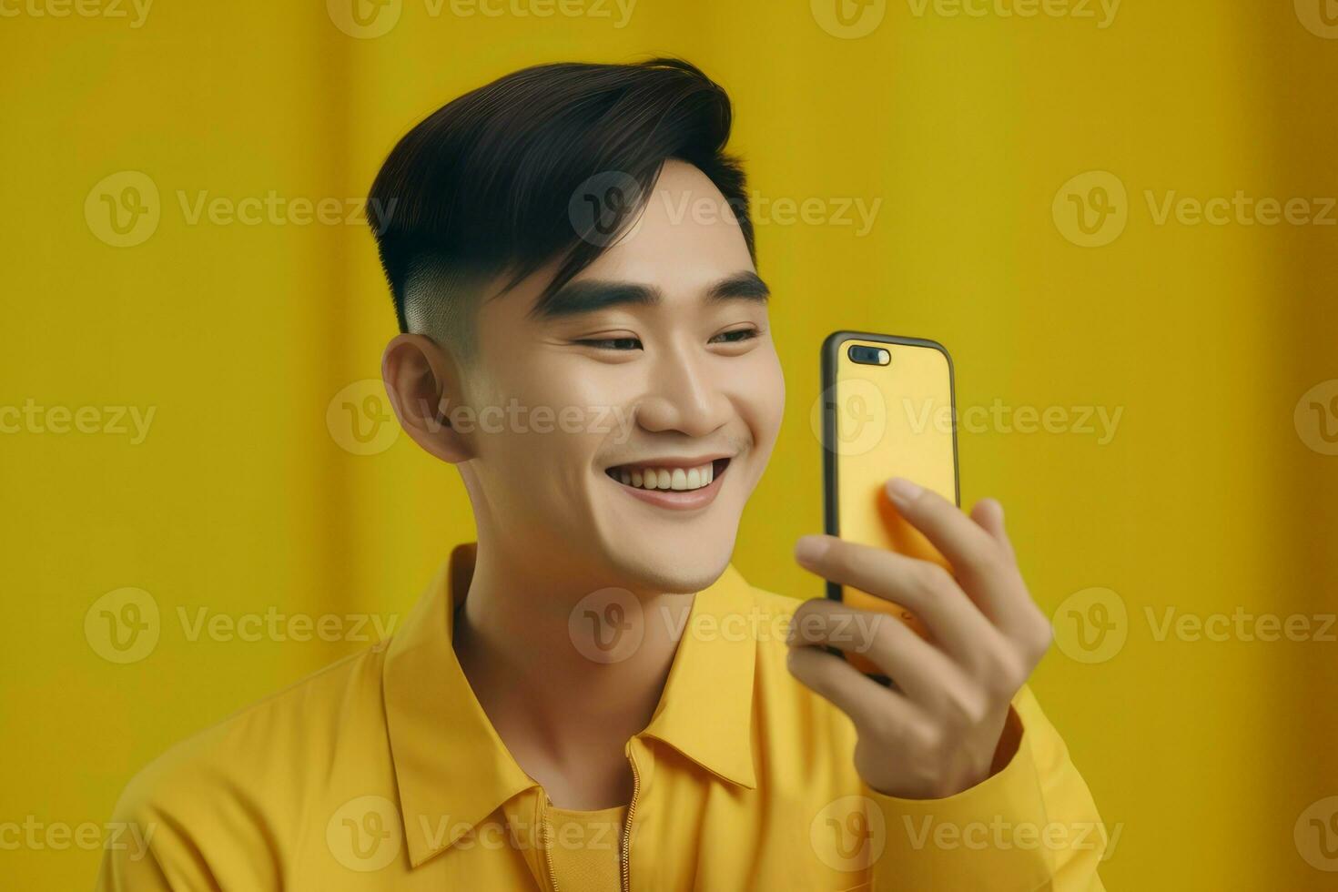 Yellow asian man smartphone. Generate Ai photo