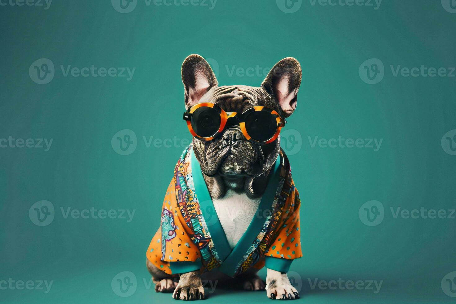 Cute french bulldog green wall. Generate Ai photo