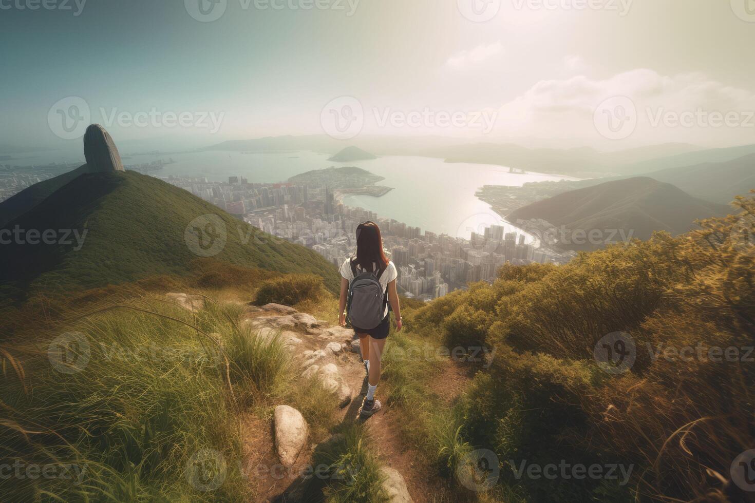 Girl hiking up. Generate Ai photo