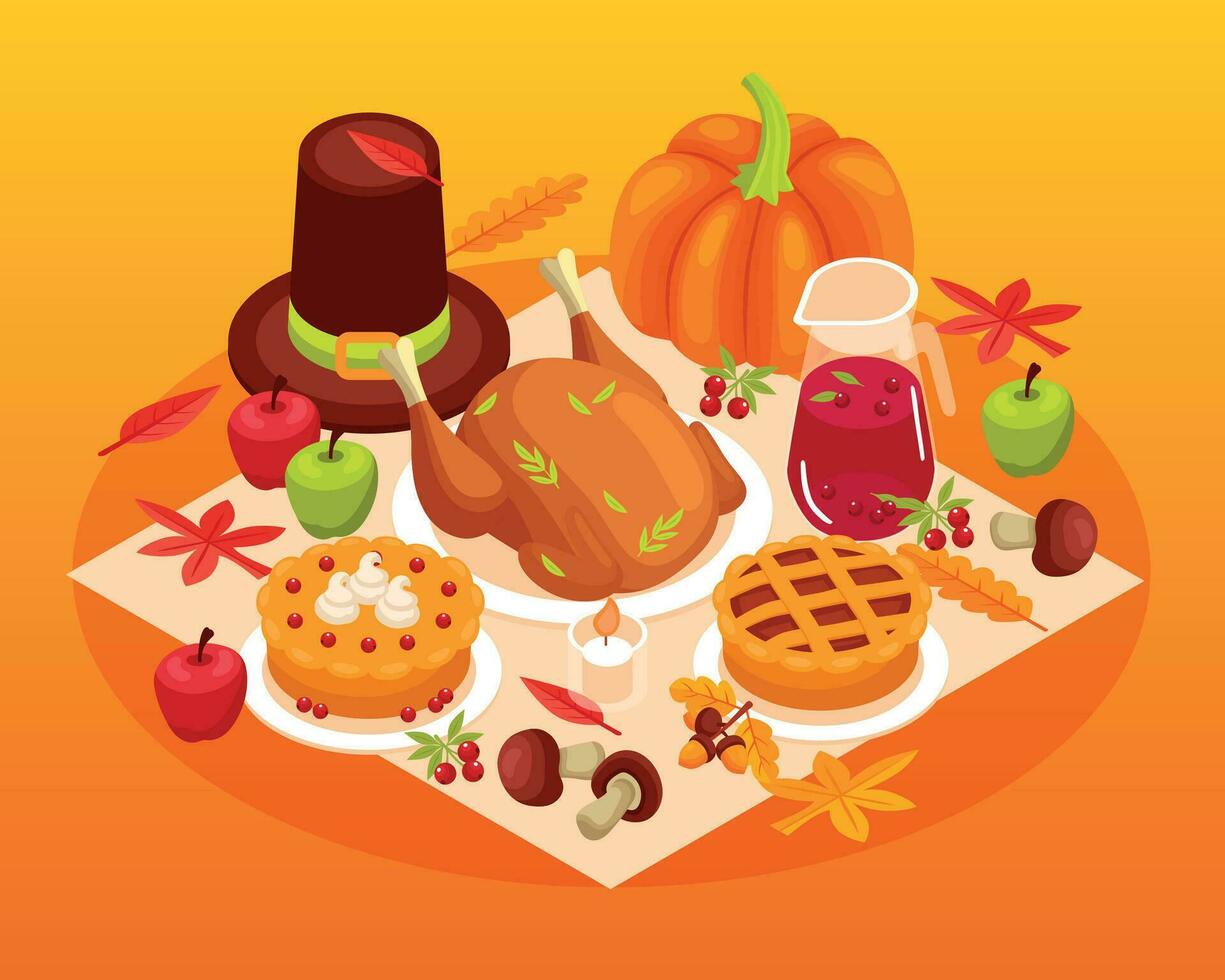 Thanksgiving Table Isometric Composition vector