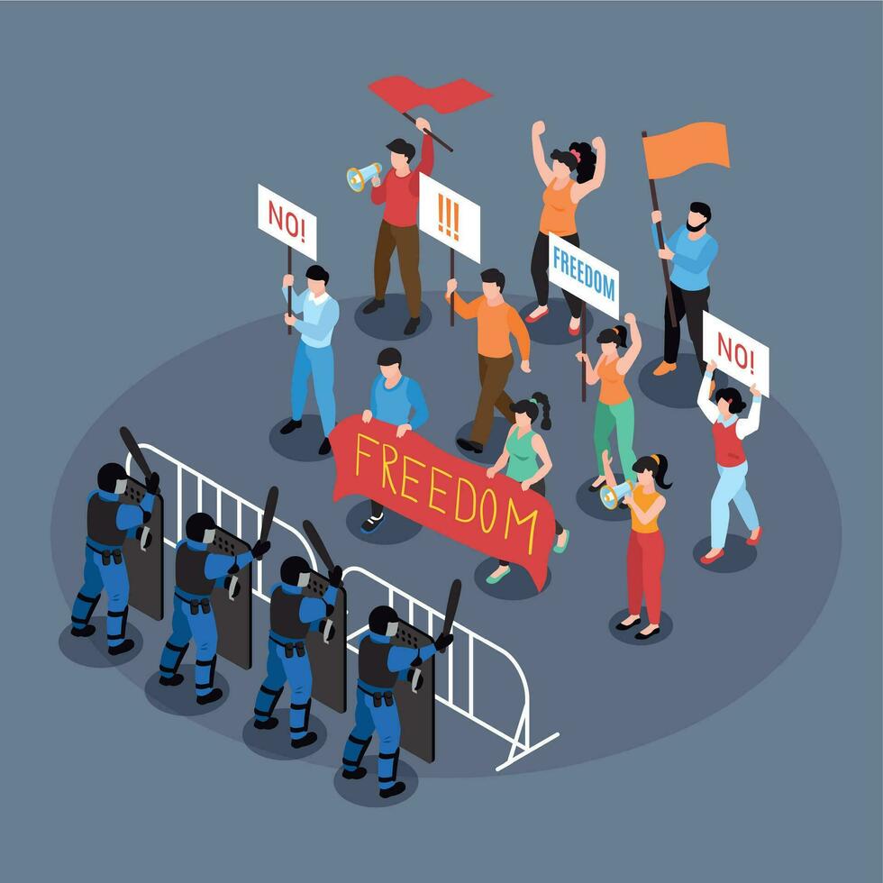 Isometric Protesters Police Composition vector