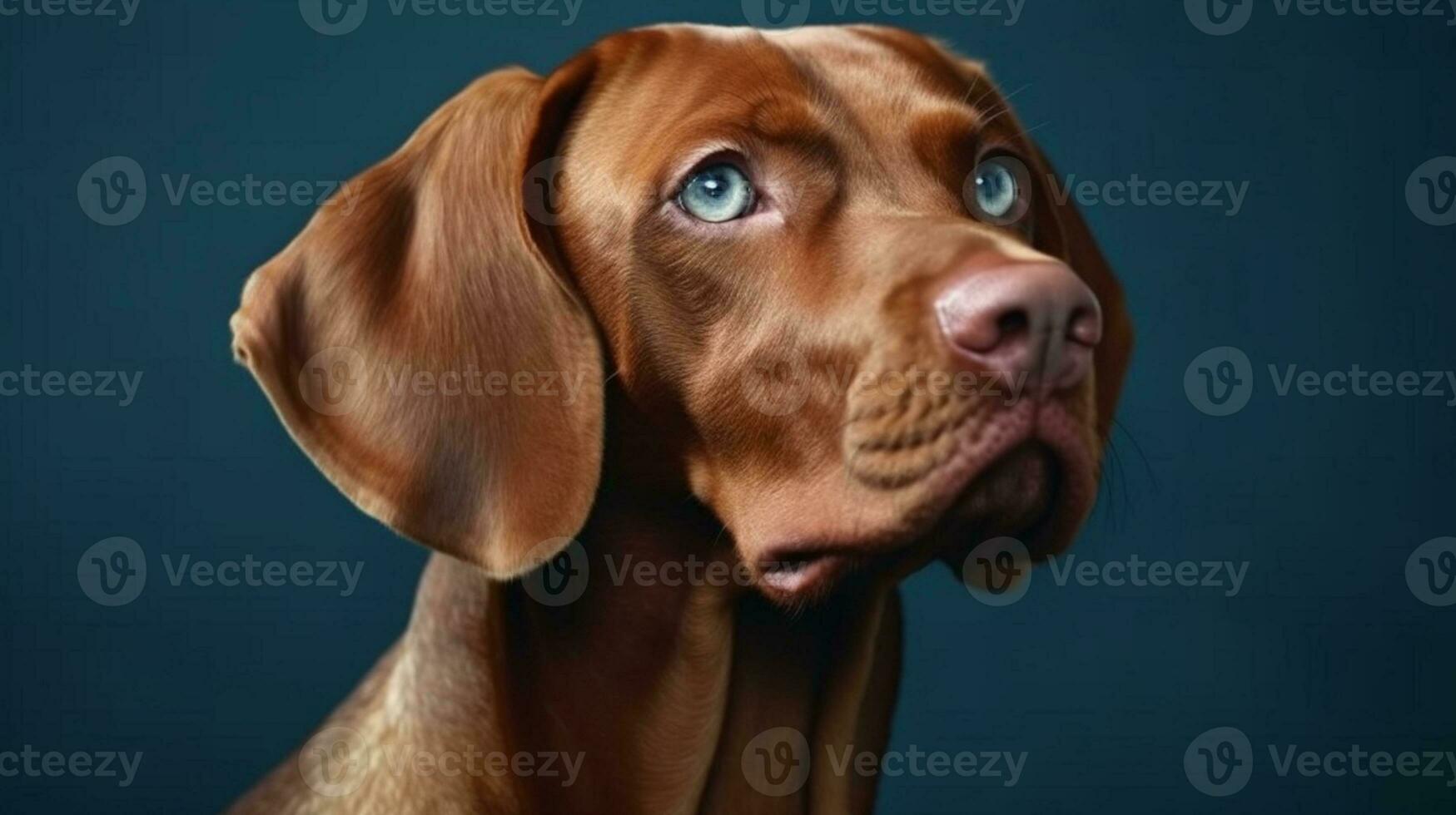 maravilloso húngaro vizsla con intenso mirada en azul antecedentes. ai generado foto