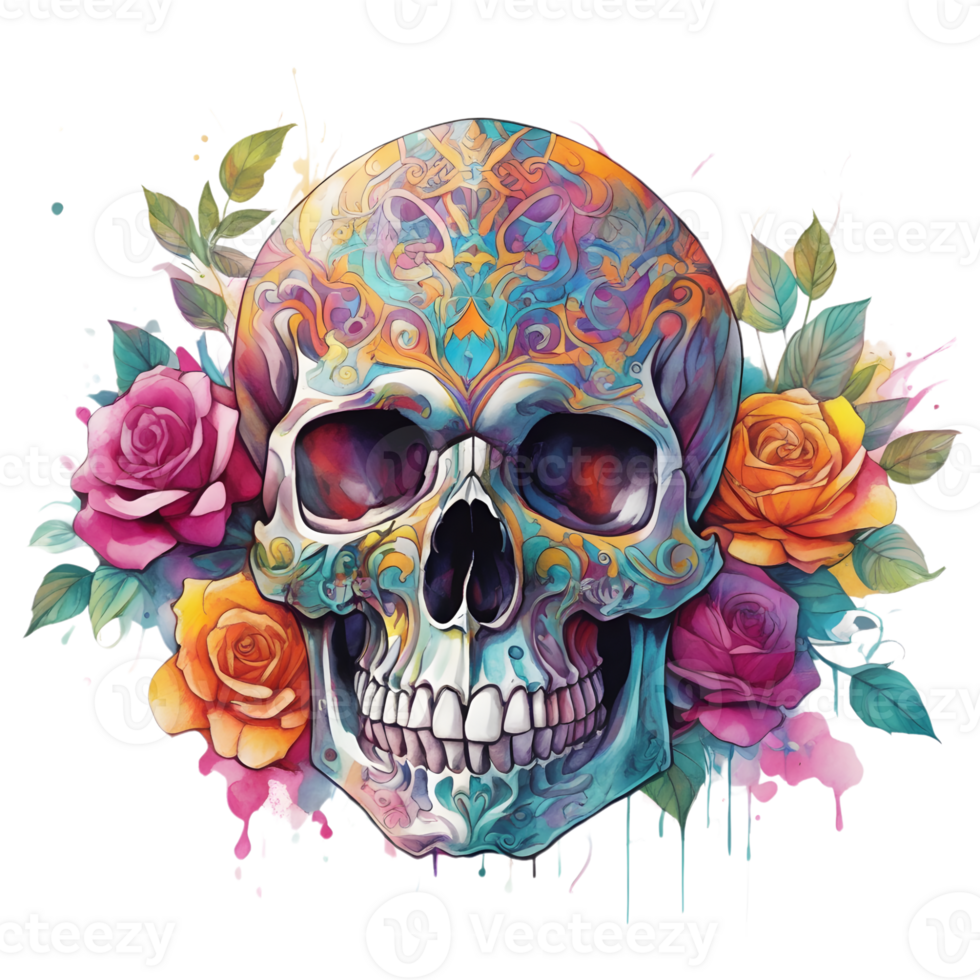 Abstract Watercolor Skull With Flowers, Watercolor Floral Skull Design For Halloween Day, Generative AI png