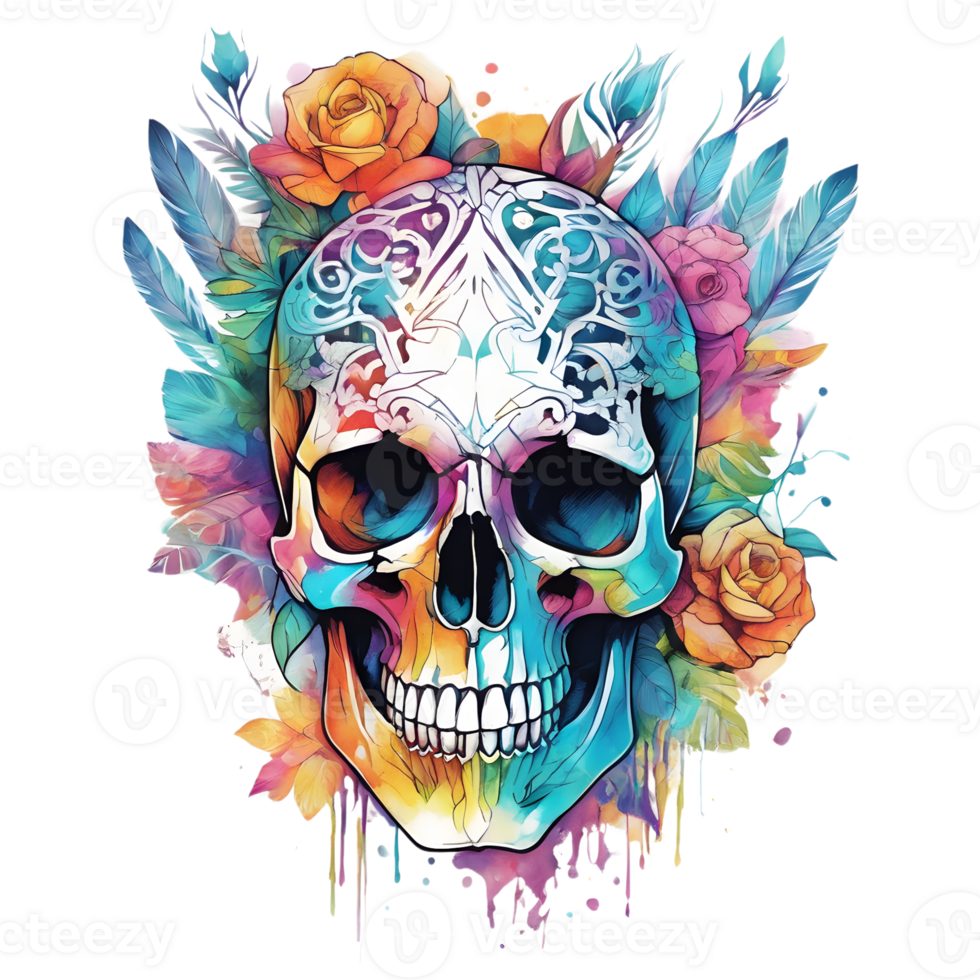 Abstract Watercolor Skull With Flowers, Watercolor Floral Skull Design