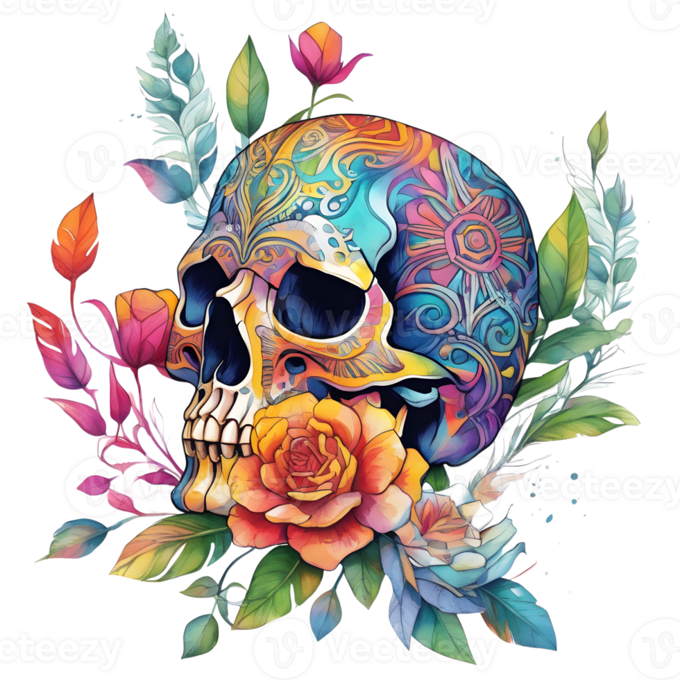 Abstract Watercolor Skull With Flowers, Watercolor Floral Skull Design For Halloween Day, Generative AI png