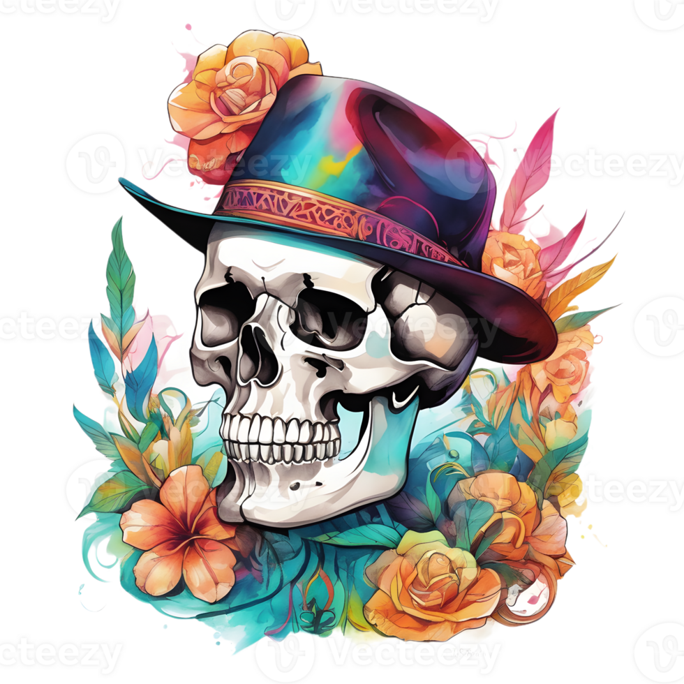 Abstract Watercolor Skull With Flowers, Watercolor Floral Skull Design For Halloween Day, Generative AI png
