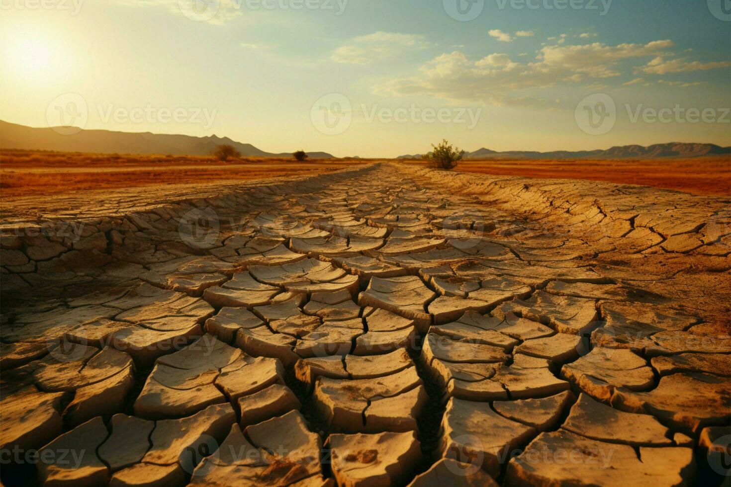 Droughts evidence Cracked desert soil crust reflects climate changes arid consequences AI Generated photo