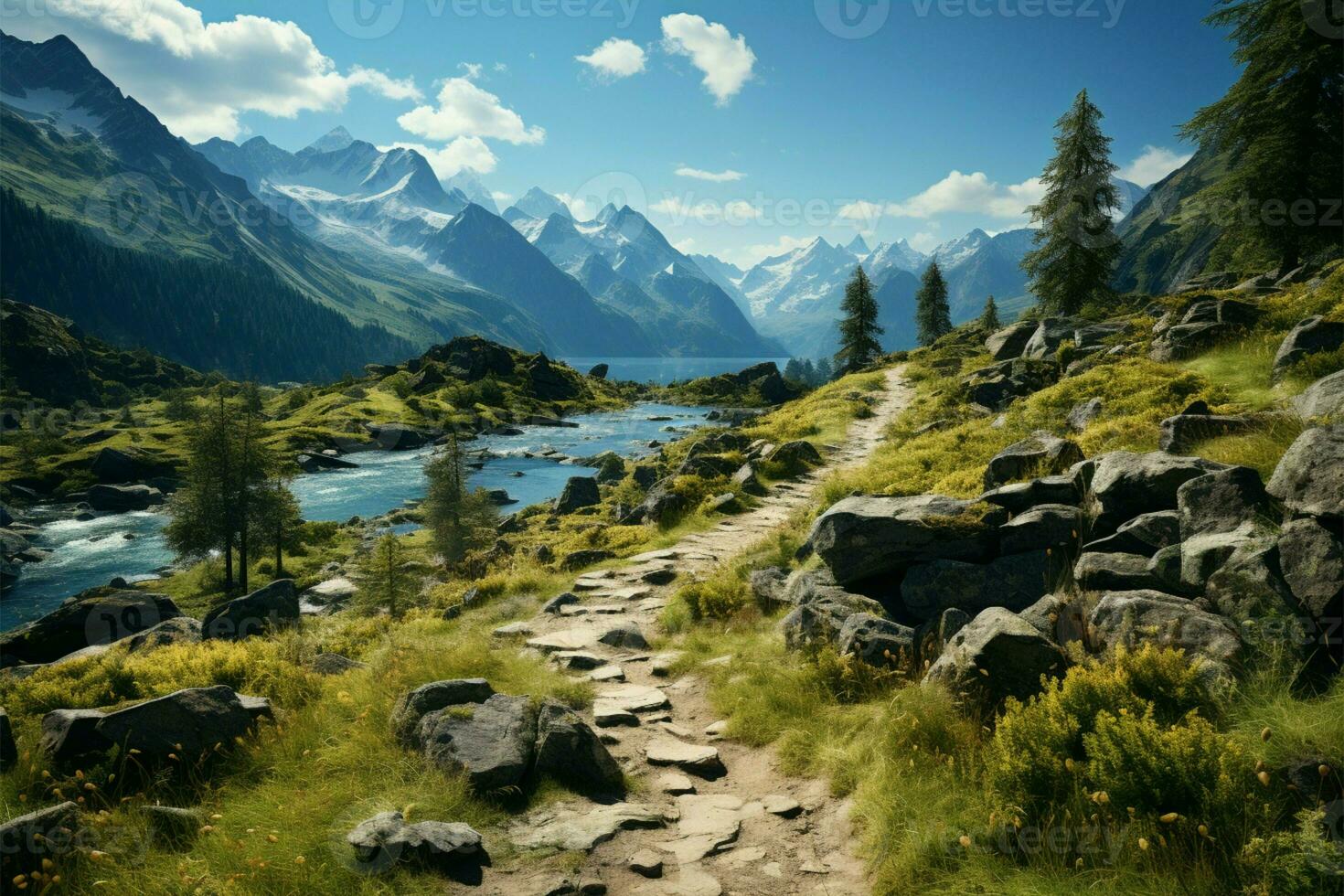 Mountain landscape with hiking trail and view of beautiful lakes AI Generated photo