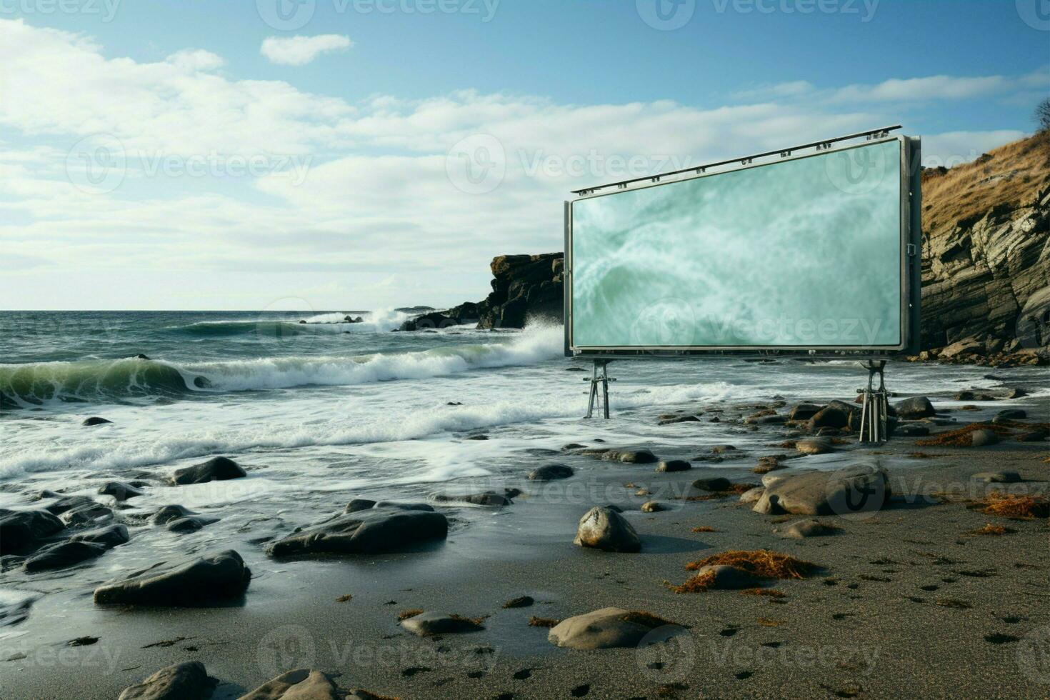 Billboard by the waves Unfilled display contrasting with sea background on beach AI Generated photo