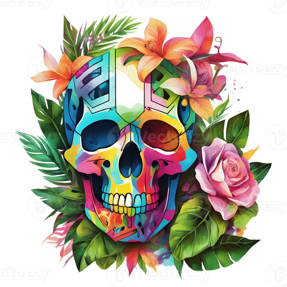 Abstract Watercolor Skull With Flowers, Watercolor Floral Skull Design For Halloween Day, Generative AI png