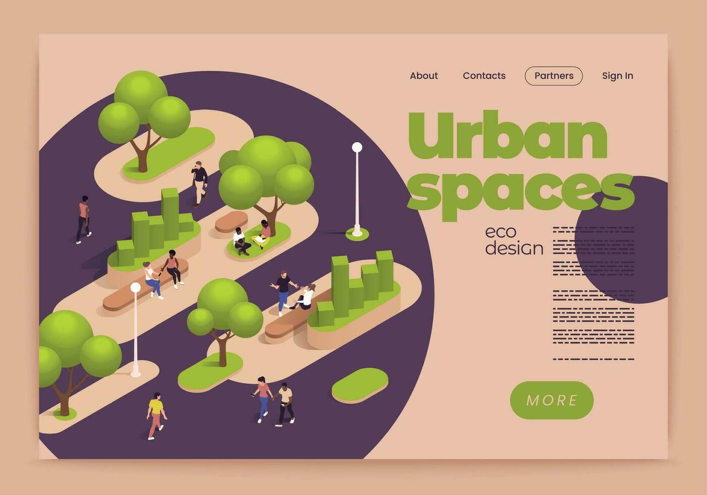 urbano ciudad verde espacios eco diseño isométrica bandera vector