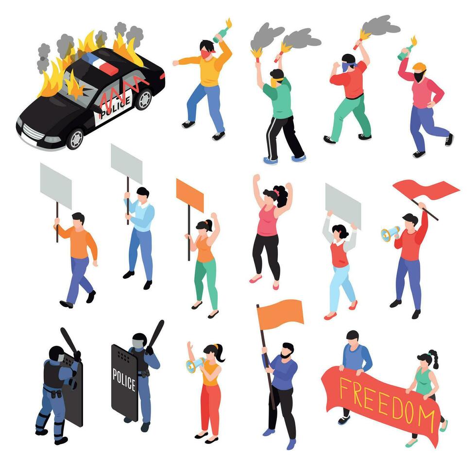Isometric Protest Icon Set vector