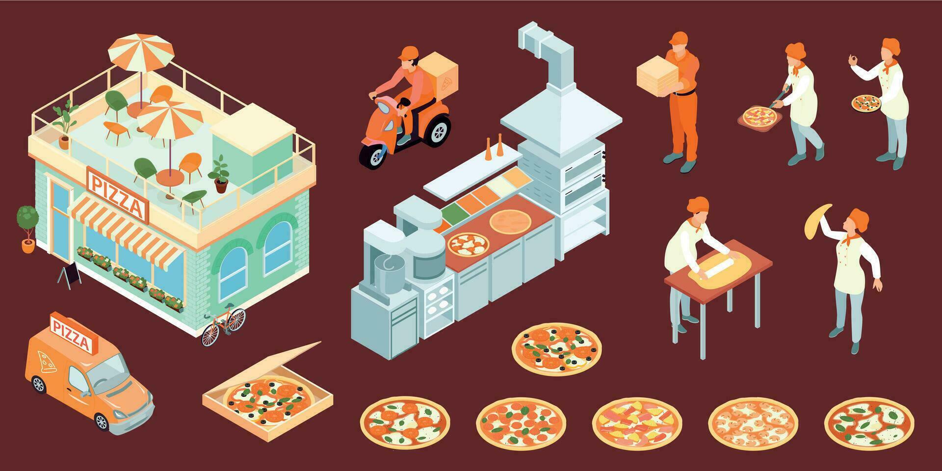 isométrica Pizza íconos colección vector