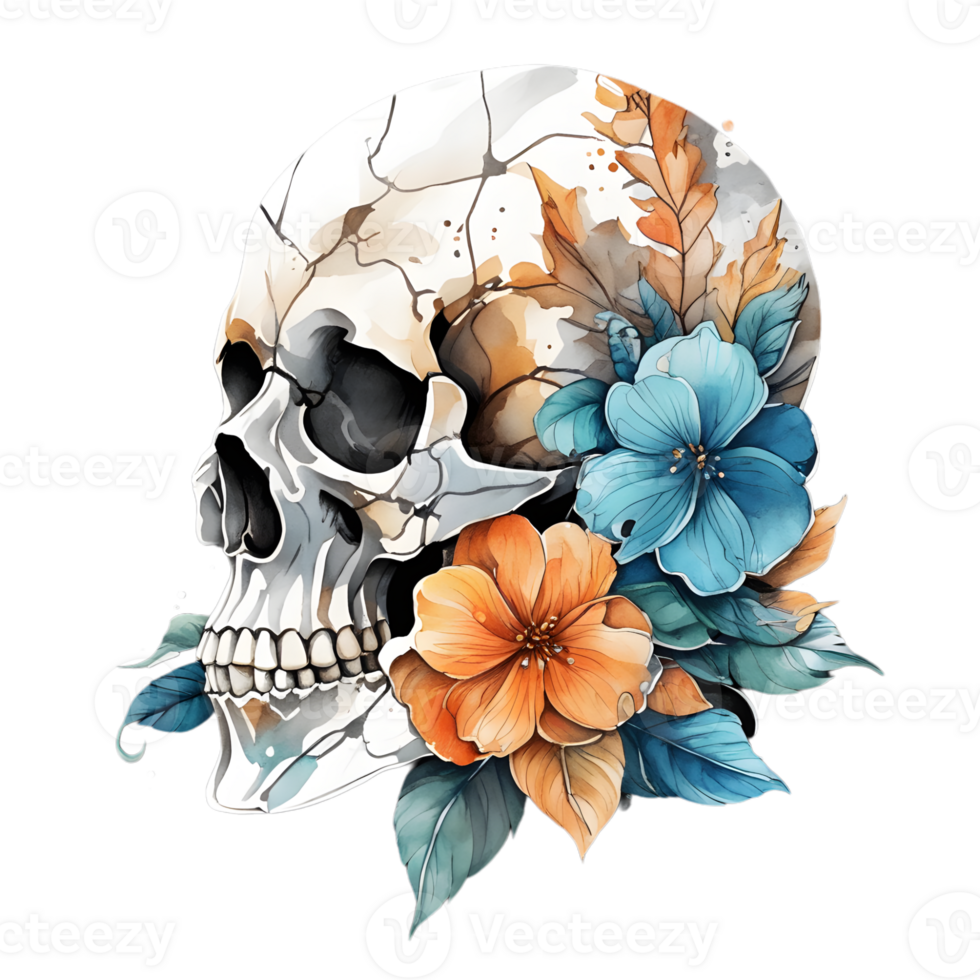 Abstract Watercolor Skull With Flowers, Watercolor Floral Skull Design For Halloween Day, Generative AI png