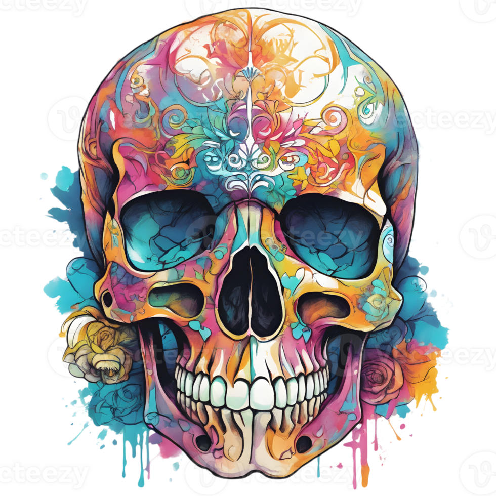 Abstract Watercolor Skull With Flowers, Watercolor Floral Skull Design For Halloween Day, Generative AI png