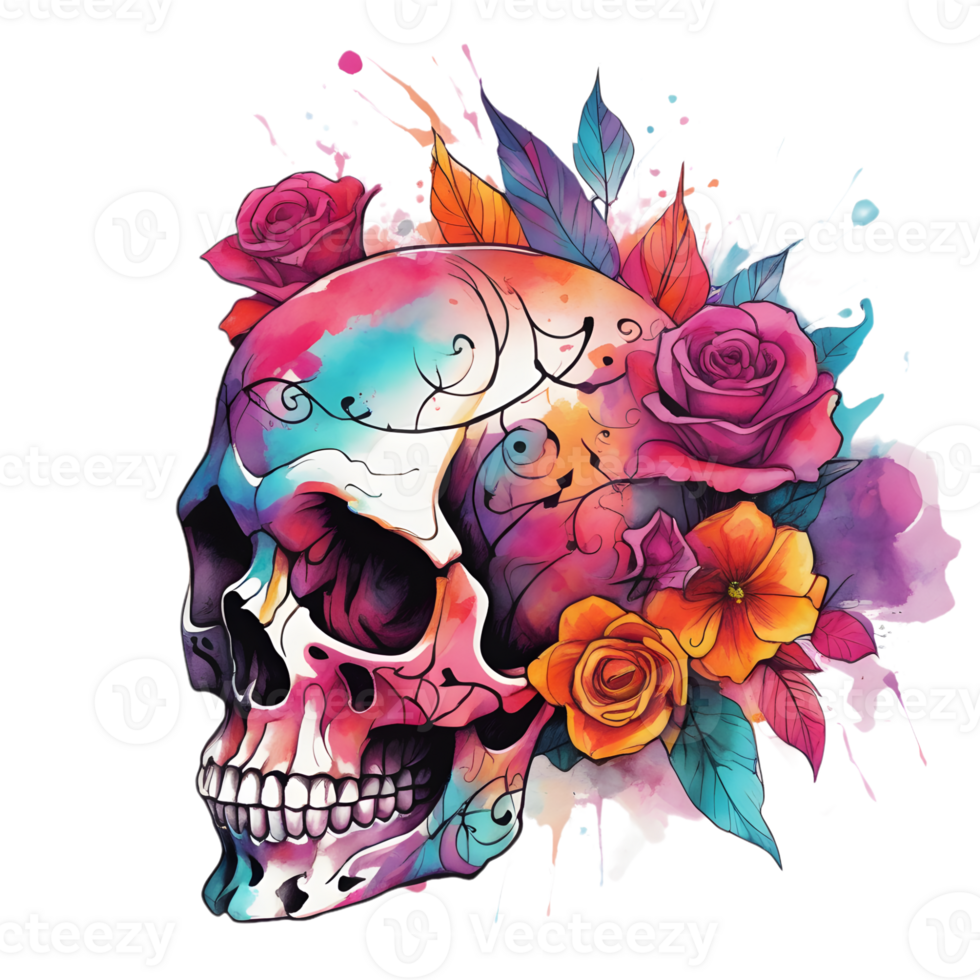 Abstract Watercolor Skull With Flowers, Watercolor Floral Skull Design For Halloween Day, Generative AI png