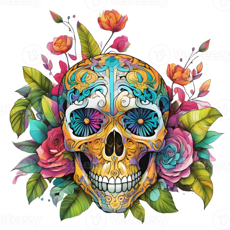 Abstract Watercolor Skull With Flowers, Watercolor Floral Skull Design For Halloween Day, Generative AI png