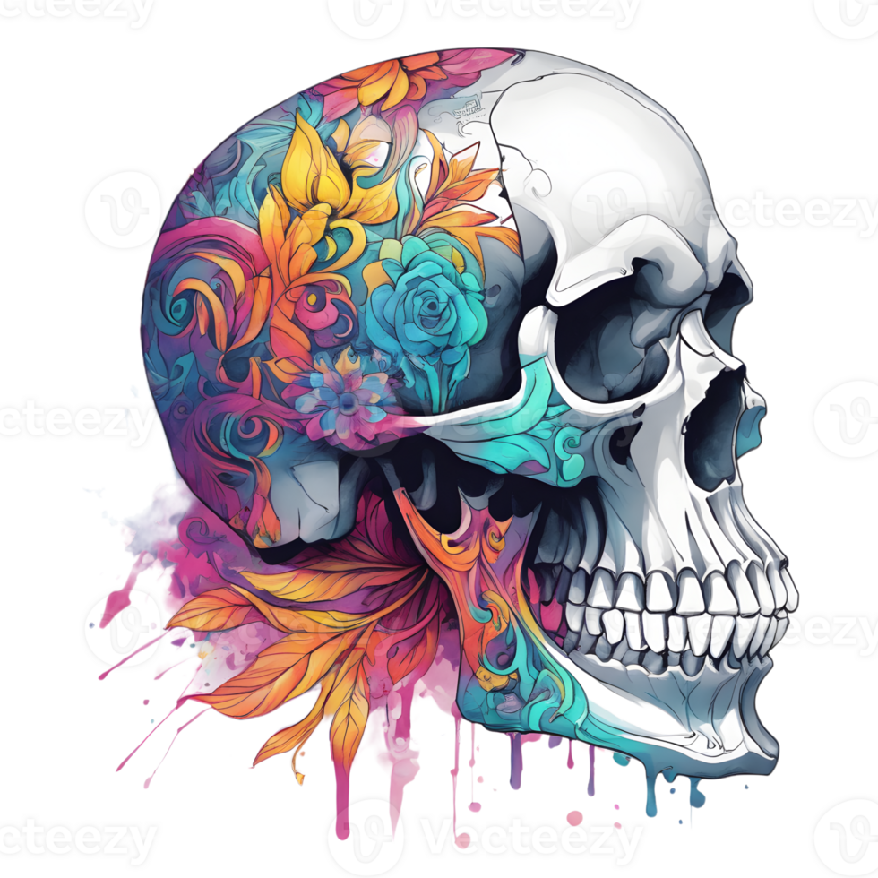 Abstract Watercolor Skull With Flowers, Watercolor Floral Skull Design For Halloween Day, Generative AI png