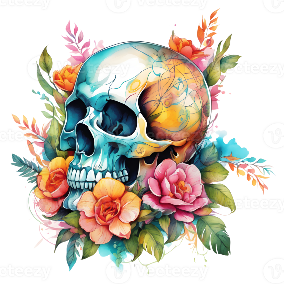 abstrakt Aquarell Schädel mit Blumen, Aquarell Blumen- Schädel Design zum Halloween Tag, generativ ai png