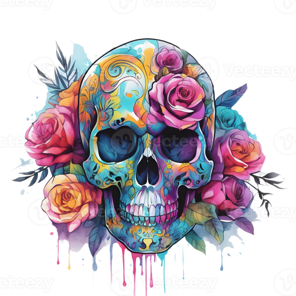 Abstract Watercolor Skull With Flowers, Watercolor Floral Skull Design For Halloween Day, Generative AI png