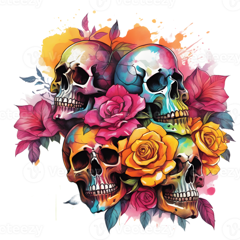 Abstract Watercolor Skull With Flowers, Watercolor Floral Skull Design For Halloween Day, Generative AI png