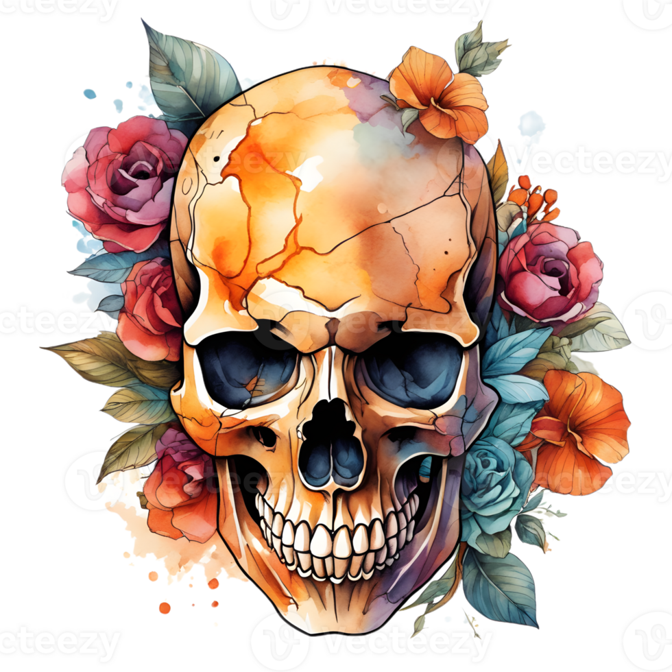 Abstract Watercolor Skull With Flowers, Watercolor Floral Skull Design For Halloween Day, Generative AI png