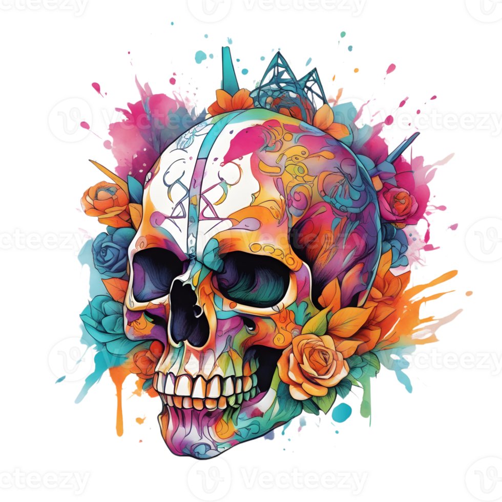 Abstract Watercolor Skull With Flowers, Watercolor Floral Skull Design For Halloween Day, Generative AI png